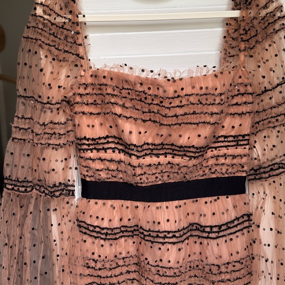 NWOT Self-Portrait Shirred Sheer Polka Dot Top in Tan / Nude & Black - 0 (XS) - Picture 8 of 10
